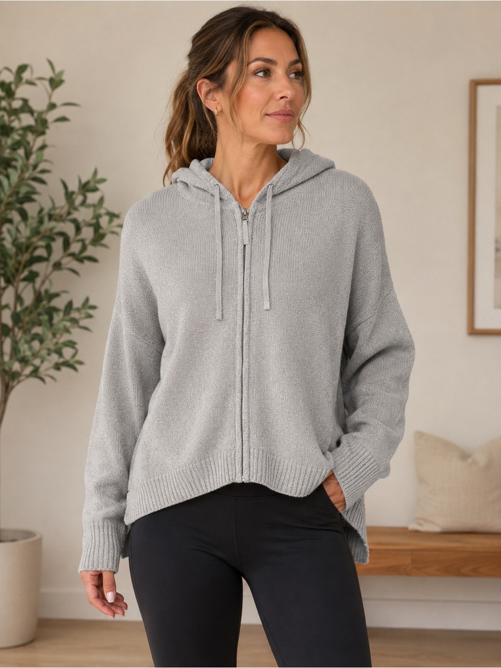 Athleta Light Gray Zip-Up Hooded Knit Sweater